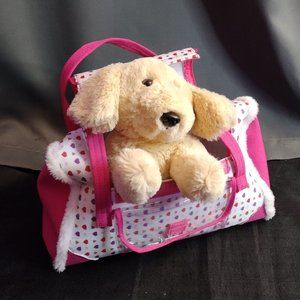 Light Brown & White Puppy with Pet Carrier Set NWOT